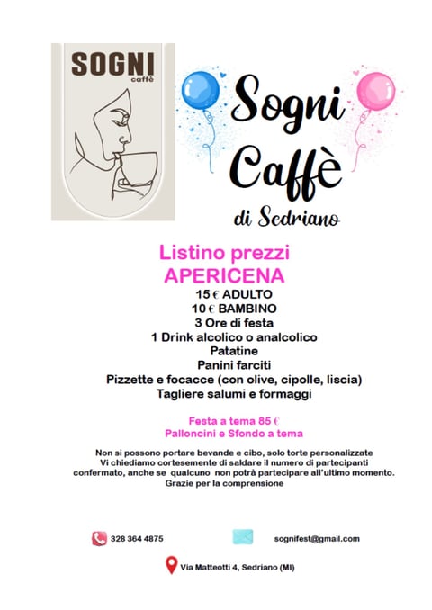 Sogni Caffè menu flyer showing aperitivo prices and party package details with blue and pink watercolor accents