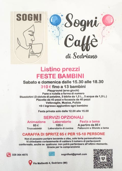 Sogni Caffe event flyer advertising childrens party with pricing, entertainment options, and contact details for Sedriano location