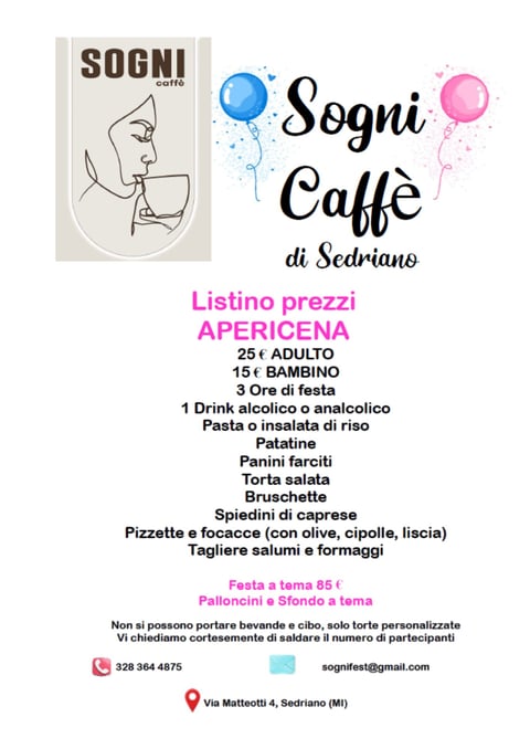 Sogni Caffe event poster showing pricing for aperitivo with food options, contact details and location in Sedriano