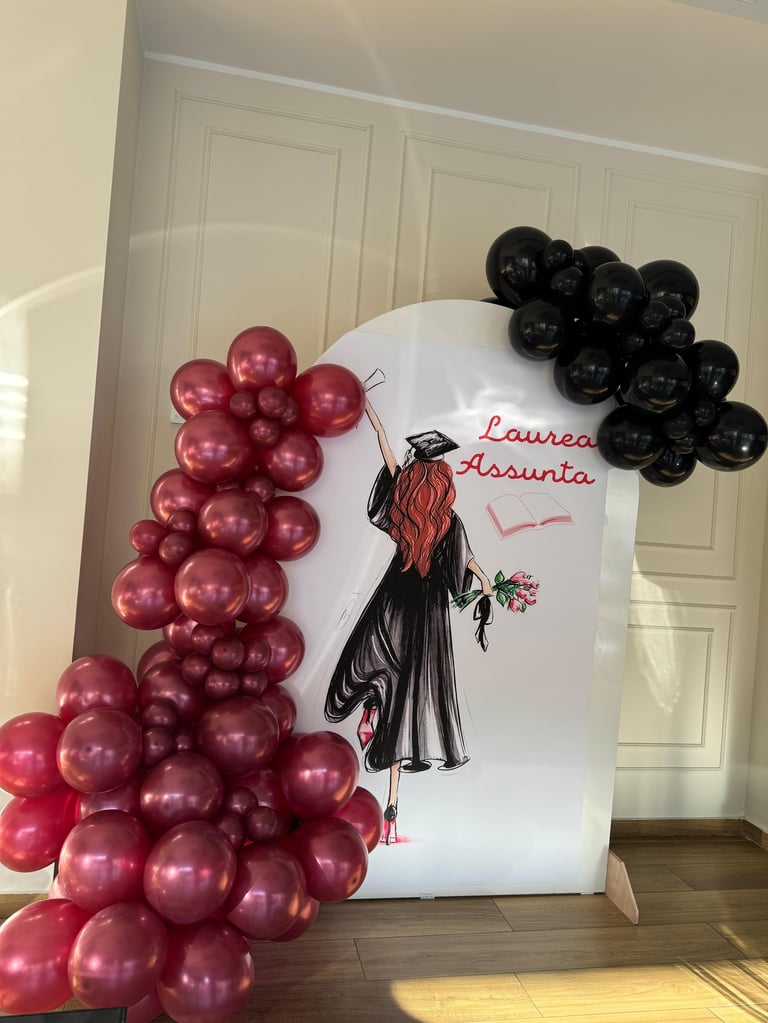 White poster with fashion illustration decorated with red and black balloons forming grape clusters