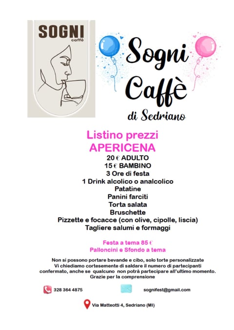 Sogni Caffe event flyer with pricing menu, aperitif offerings, and contact details for cafe in Sedriano
