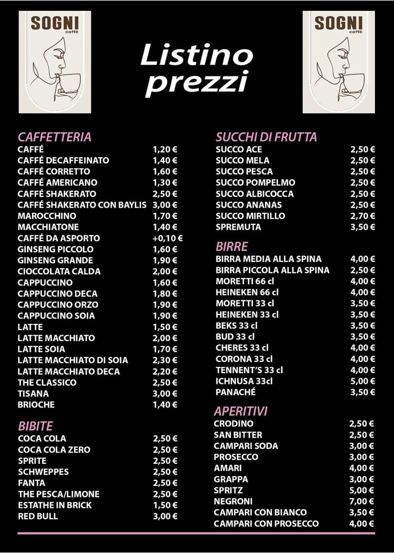 Italian cafe menu Listino prezzi showing prices for beverages including coffee, juices, beers, and aperitifs with SOGNI logo