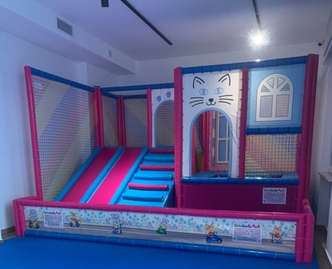 Indoor inflatable play structure with pink and blue colors, featuring a slide, steps, and a cat-shaped facade with window designs